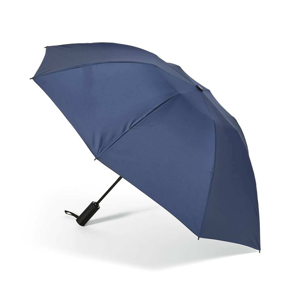 A navy blue foldable umbrella with a reversible closing mechanism and a black handle, featuring a logo.