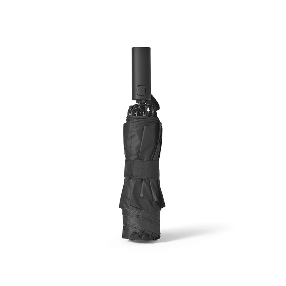 A black foldable umbrella with a reversible closing mechanism and a sleek handle, secured with a strap.