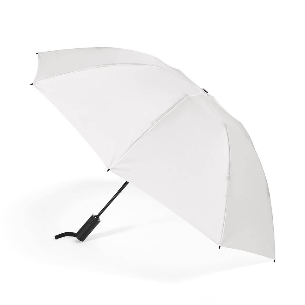A white foldable umbrella with a black handle and a reverse closing mechanism. It features a logo.