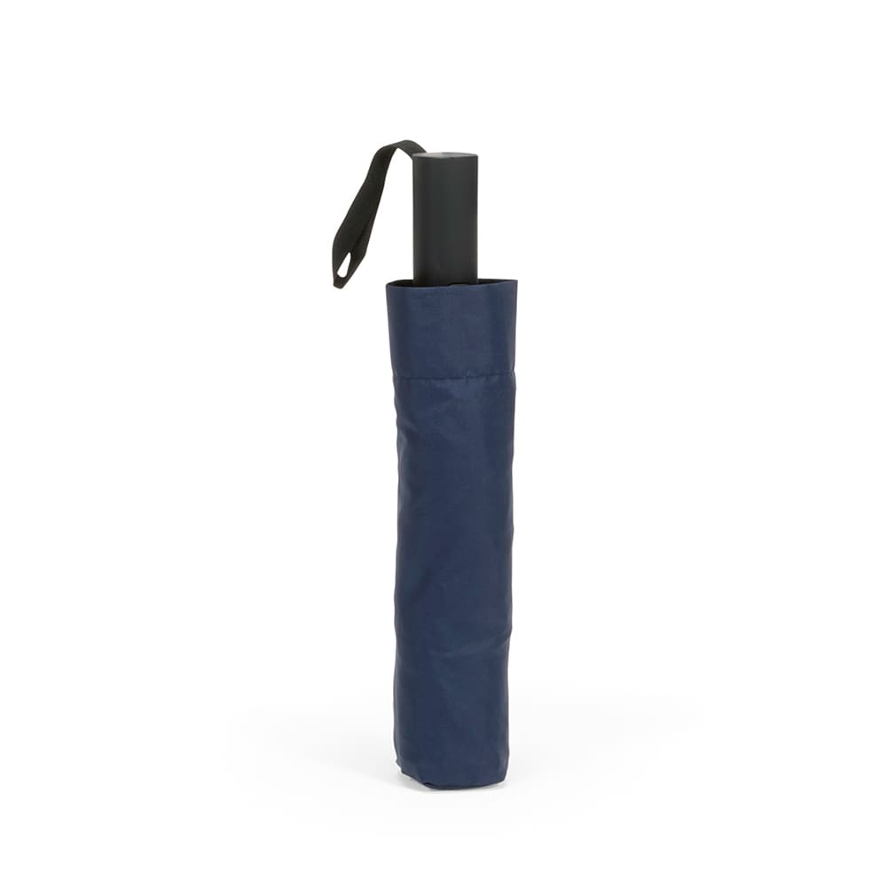 A foldable, reversible umbrella in navy blue with a matching sleeve and a black handle. Features branding on the sleeve.