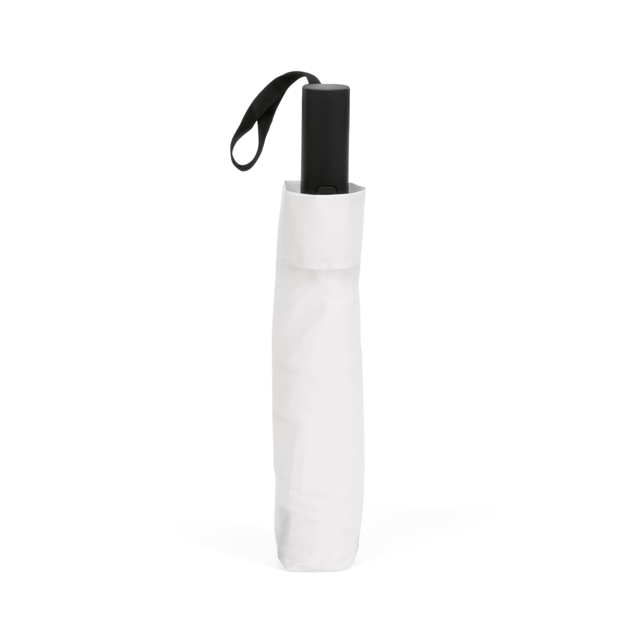 A white foldable umbrella with a black handle, featuring a reversible closing design. Branding is visible.