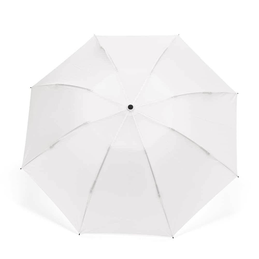 A white foldable umbrella with a reversible closing mechanism and a central button, featuring a logo.