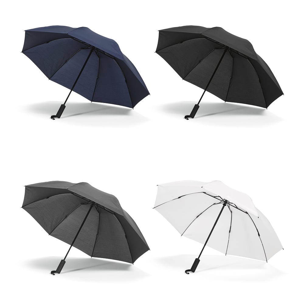 A foldable umbrella in navy, black, grey, and white, featuring a reversible closing mechanism and a handle with branding.