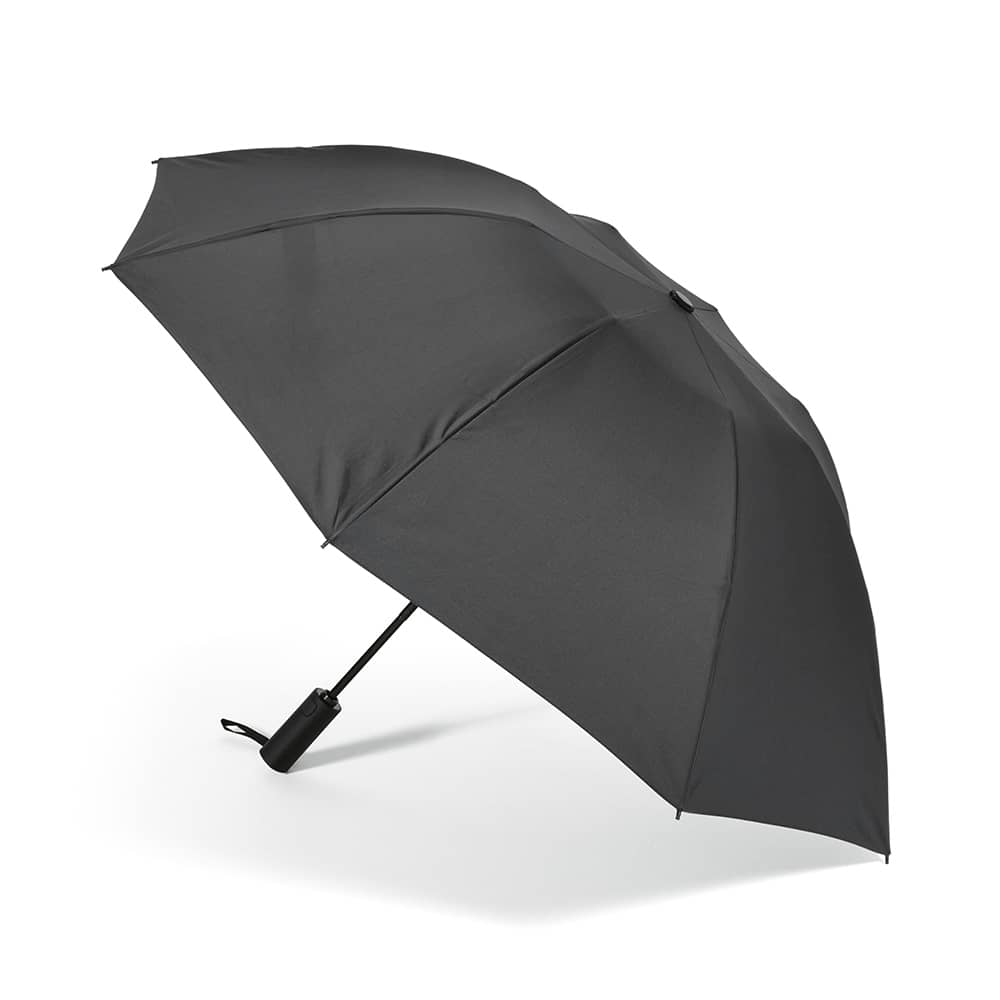 A black foldable and reversible umbrella, with a sturdy handle and a smooth canopy. It features a logo on the handle.