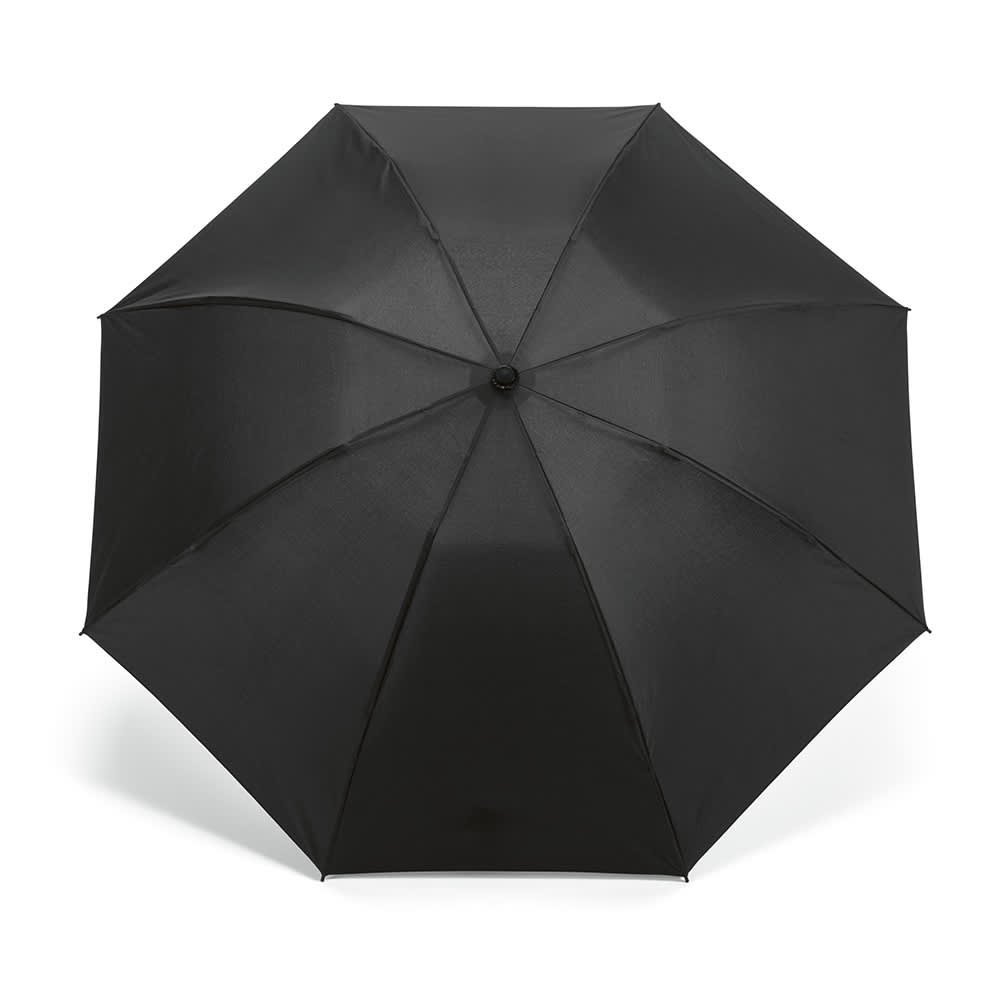 A black foldable and reversible umbrella, featuring a central button and a plain design. It has a branding logo.