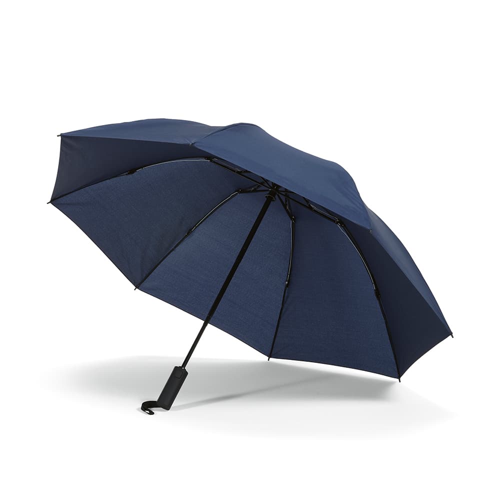 A dark blue foldable and reversible umbrella featuring a black handle and a sleek design. It includes a logo.