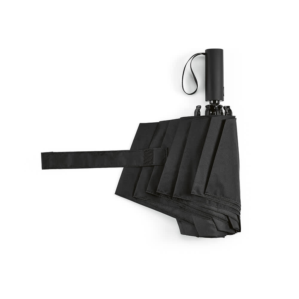 A black foldable umbrella with a reversible closing mechanism and a matching handle. Features a logo on the handle.