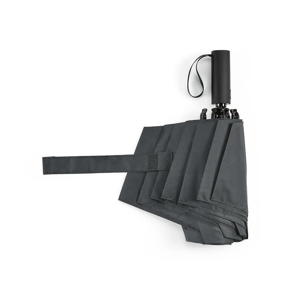 A foldable, reversible umbrella in dark grey with a black handle and a logo.