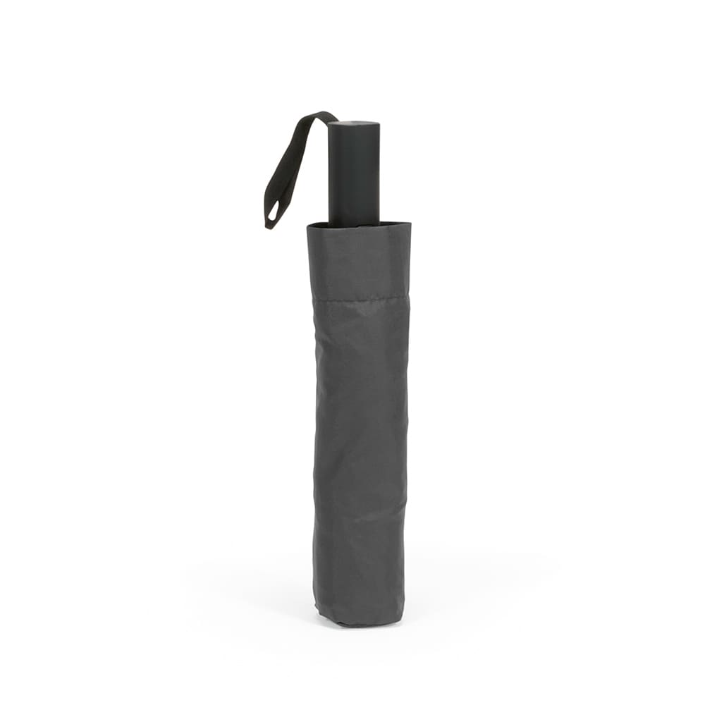 A foldable, reversible umbrella in a sleek black design, stored in a matching cover with a handle.