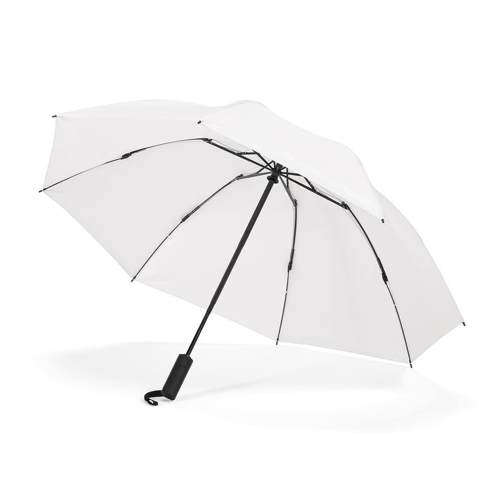 A white foldable umbrella with a reversible closing mechanism and a black handle, featuring a logo.