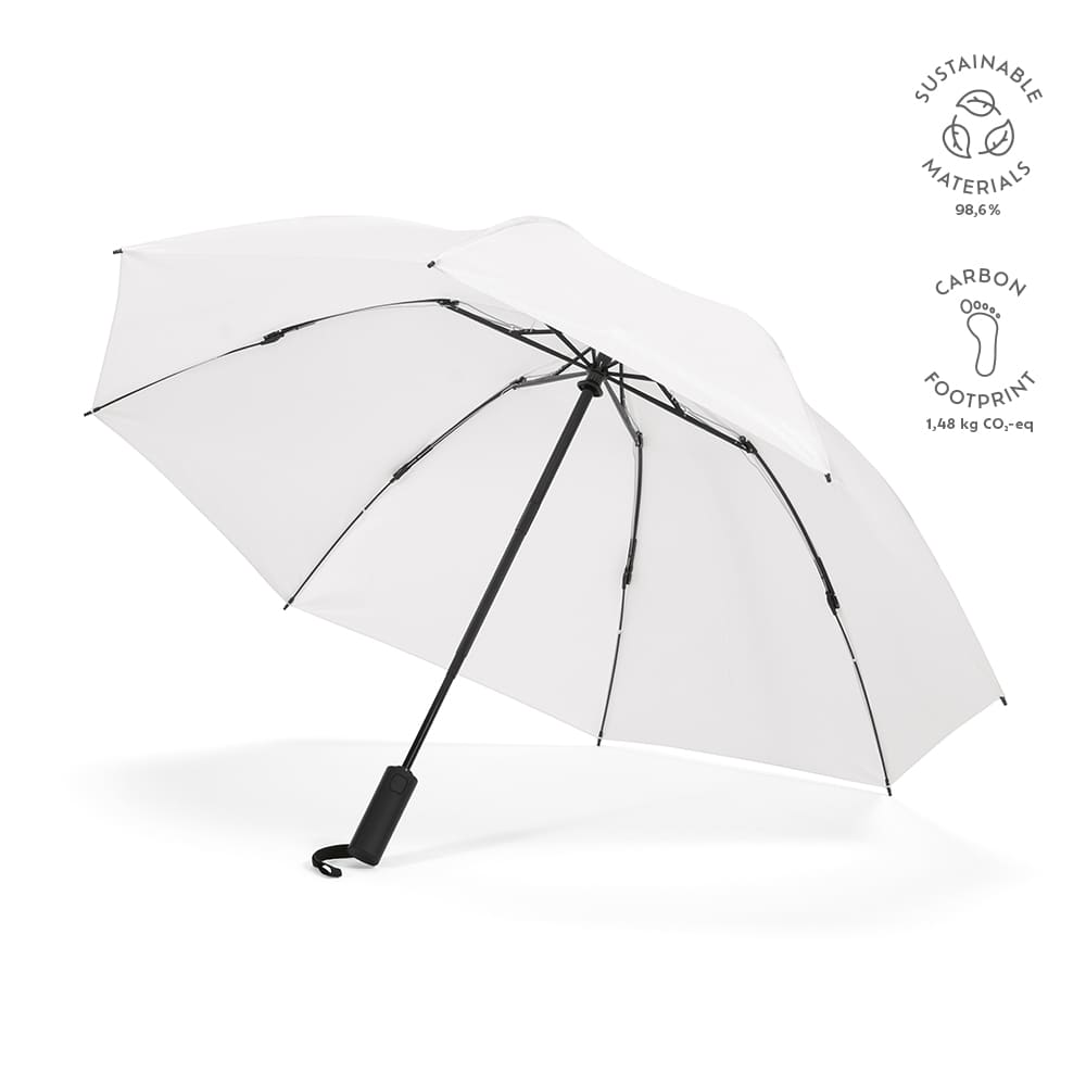 A white, foldable umbrella with a black handle, featuring sustainable materials and a branding logo.