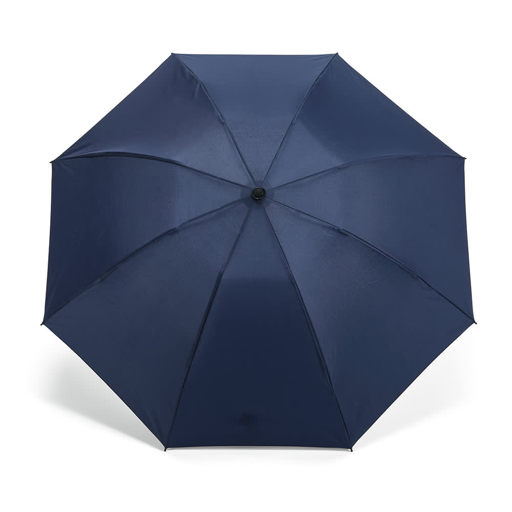A navy blue foldable umbrella featuring a reversible closing design and a logo.