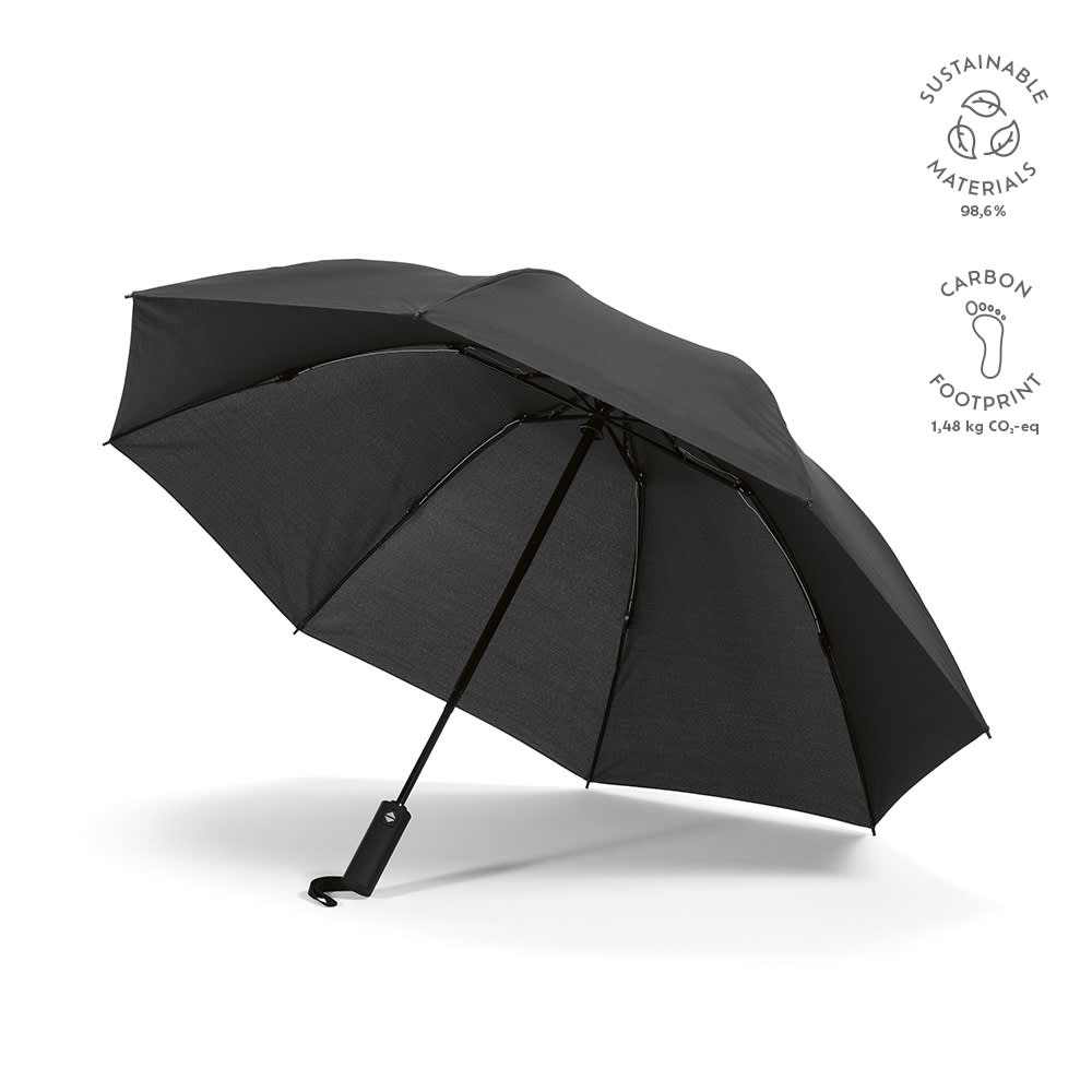 A black foldable and reversible umbrella made from sustainable materials, featuring a sleek design and a handle.