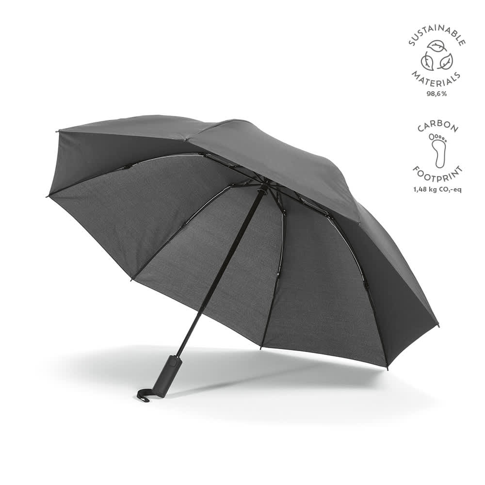 A black foldable umbrella with a reversible design and a logo, made from sustainable materials.