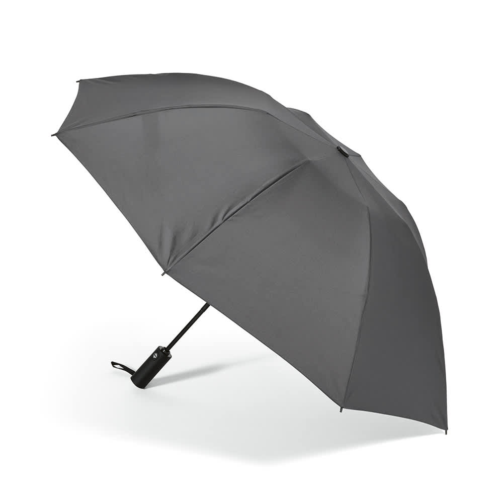 A foldable, reversible umbrella in dark grey with a sleek design and a handle. It features a branding logo.