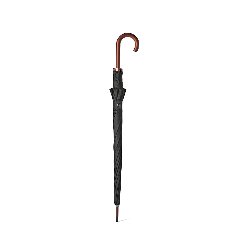 A black windproof umbrella with an automatic opening mechanism and a brown curved handle. It features branding.
