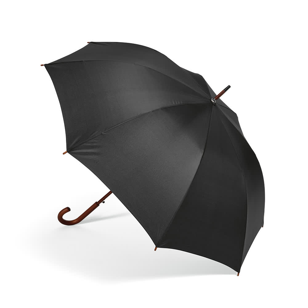 A black windproof umbrella with a curved wooden handle and automatic opening feature. It has a logo on the canopy.