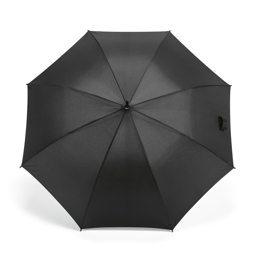 A black windproof umbrella with automatic opening features and a logo.
