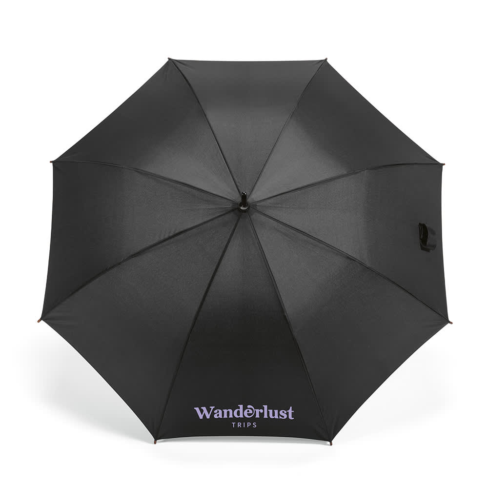 A black windproof umbrella with an automatic opening feature and a logo on the canopy.