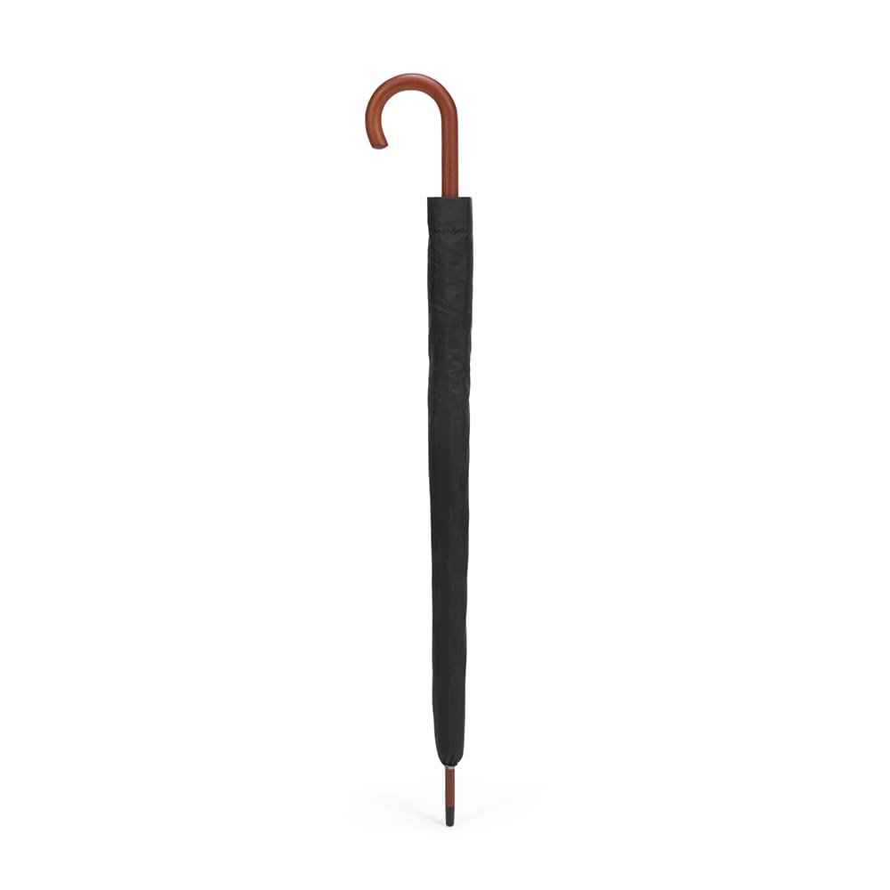A black windproof umbrella with a wooden hook handle and an automatic opening mechanism.