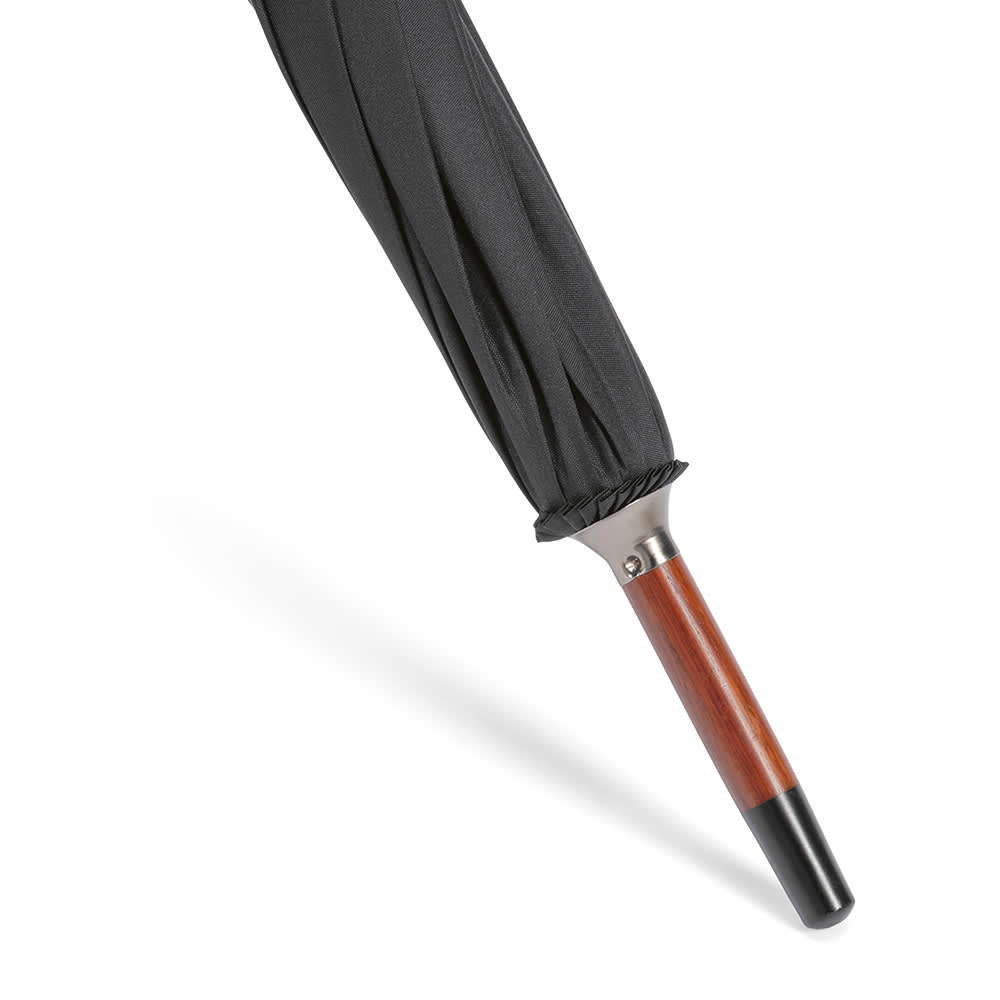 A black windproof umbrella with an automatic opening feature and a wooden handle. It has a sleek design and a logo.
