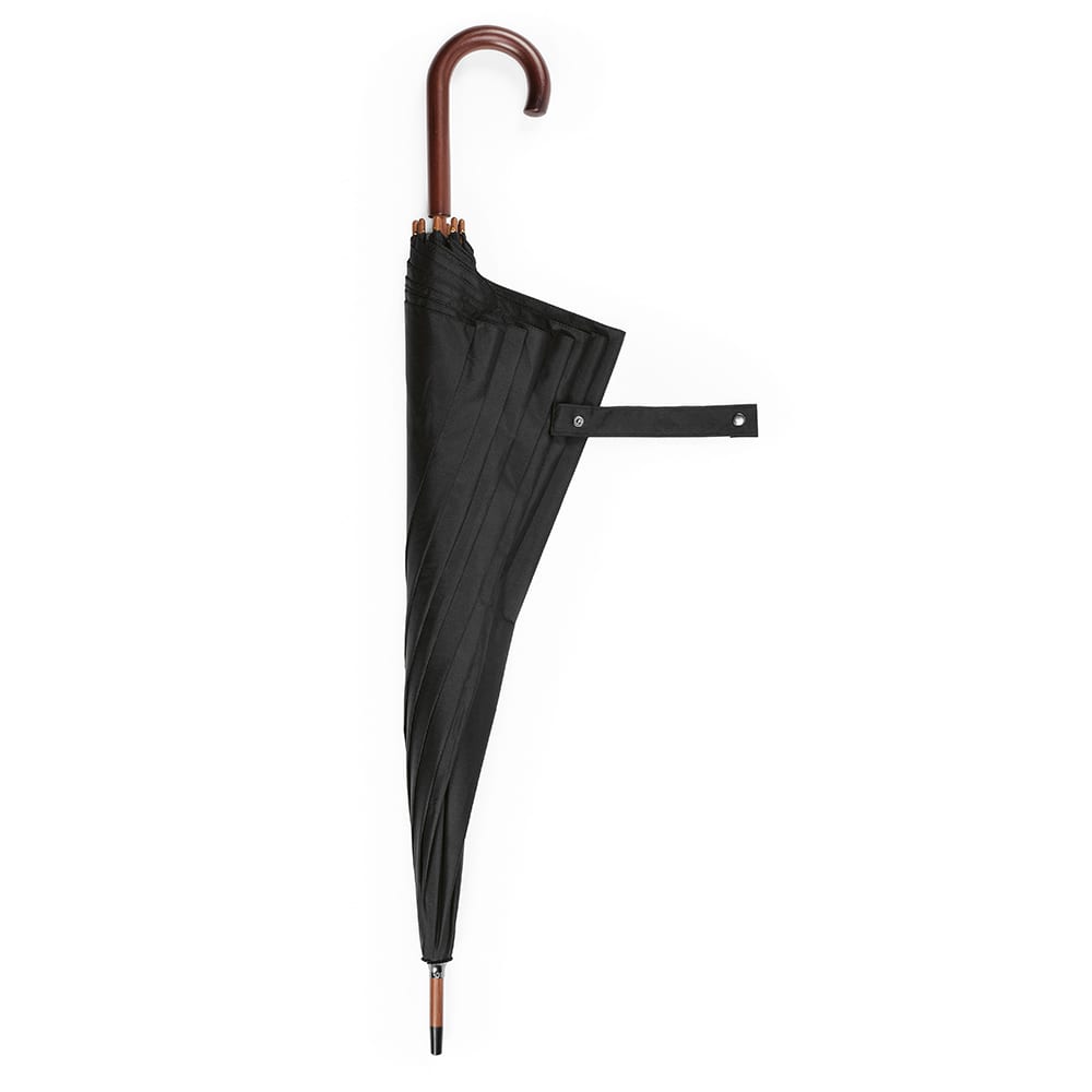 A black windproof umbrella with an automatic opening mechanism and a wooden handle. Features a branding logo.
