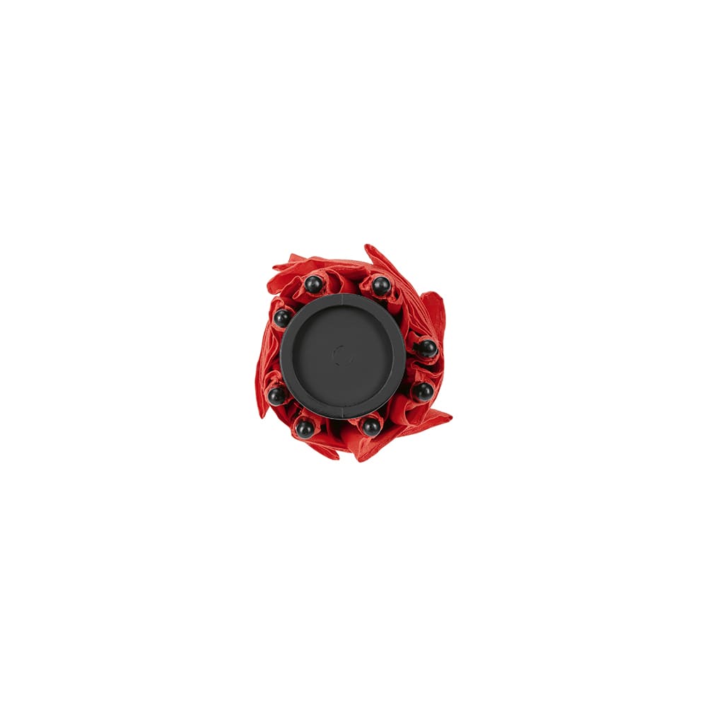 A red storm-proof umbrella with a black handle, featuring eight ribs for structure. It has a compact, folded design.