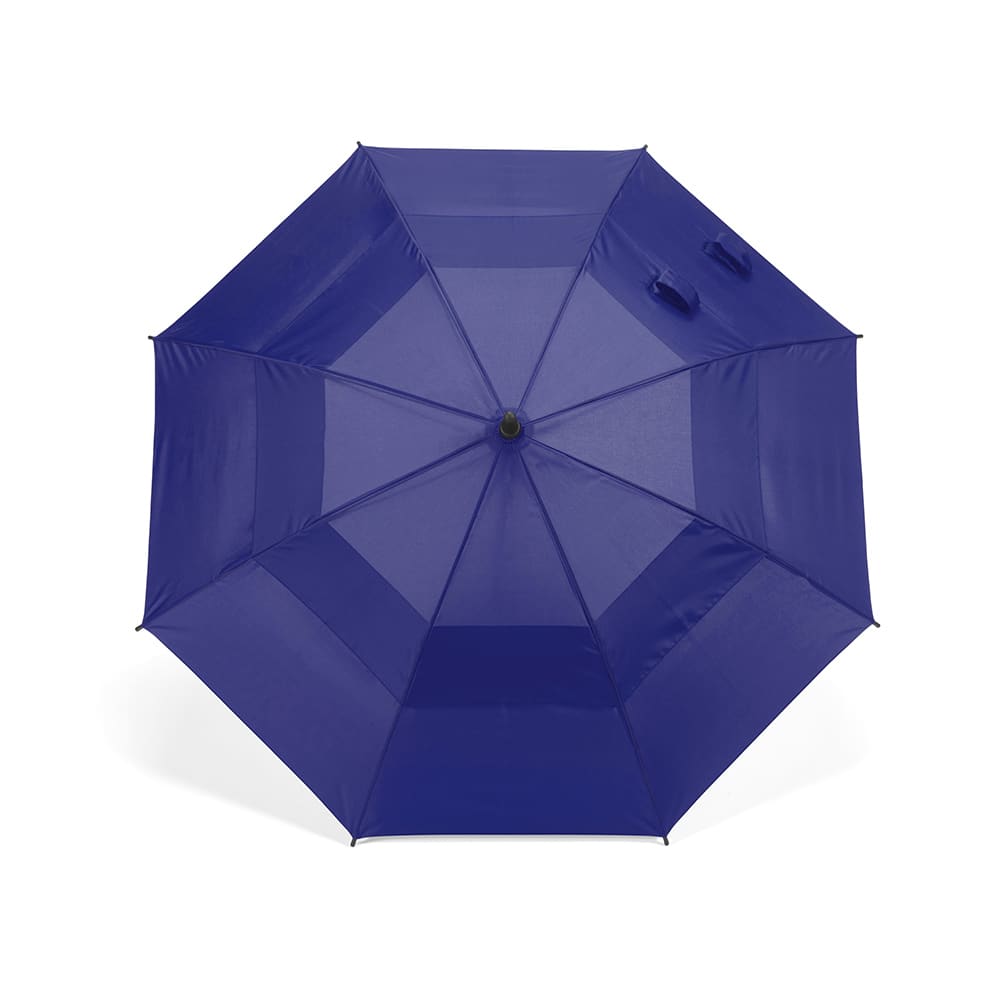 A navy blue storm-proof umbrella with an automatic opening mechanism and a central handle, featuring a logo.