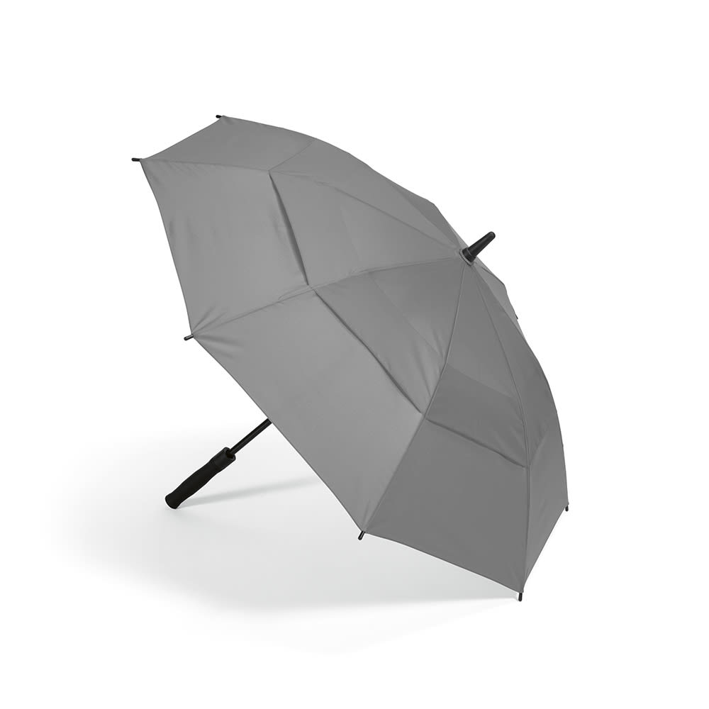 A grey storm-proof umbrella with an automatic opening feature and a branded handle.