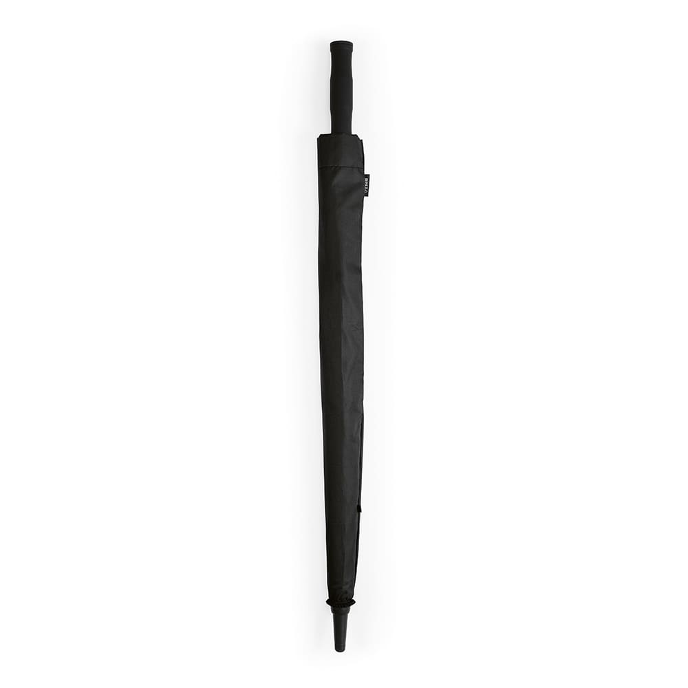 A black storm-proof umbrella with an automatic opening feature and a textured handle. It has a logo on the fabric.