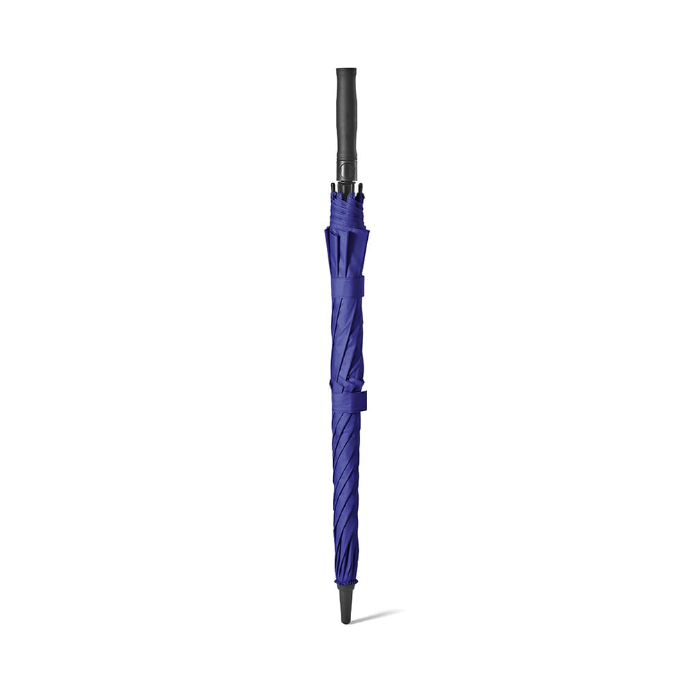 A purple umbrella with a black handle, featuring a storm-proof design and automatic opening mechanism.