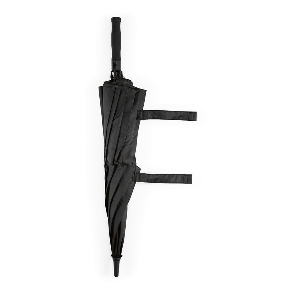 A black storm-proof umbrella with an automatic opening feature and a handle, featuring a logo on the shaft.