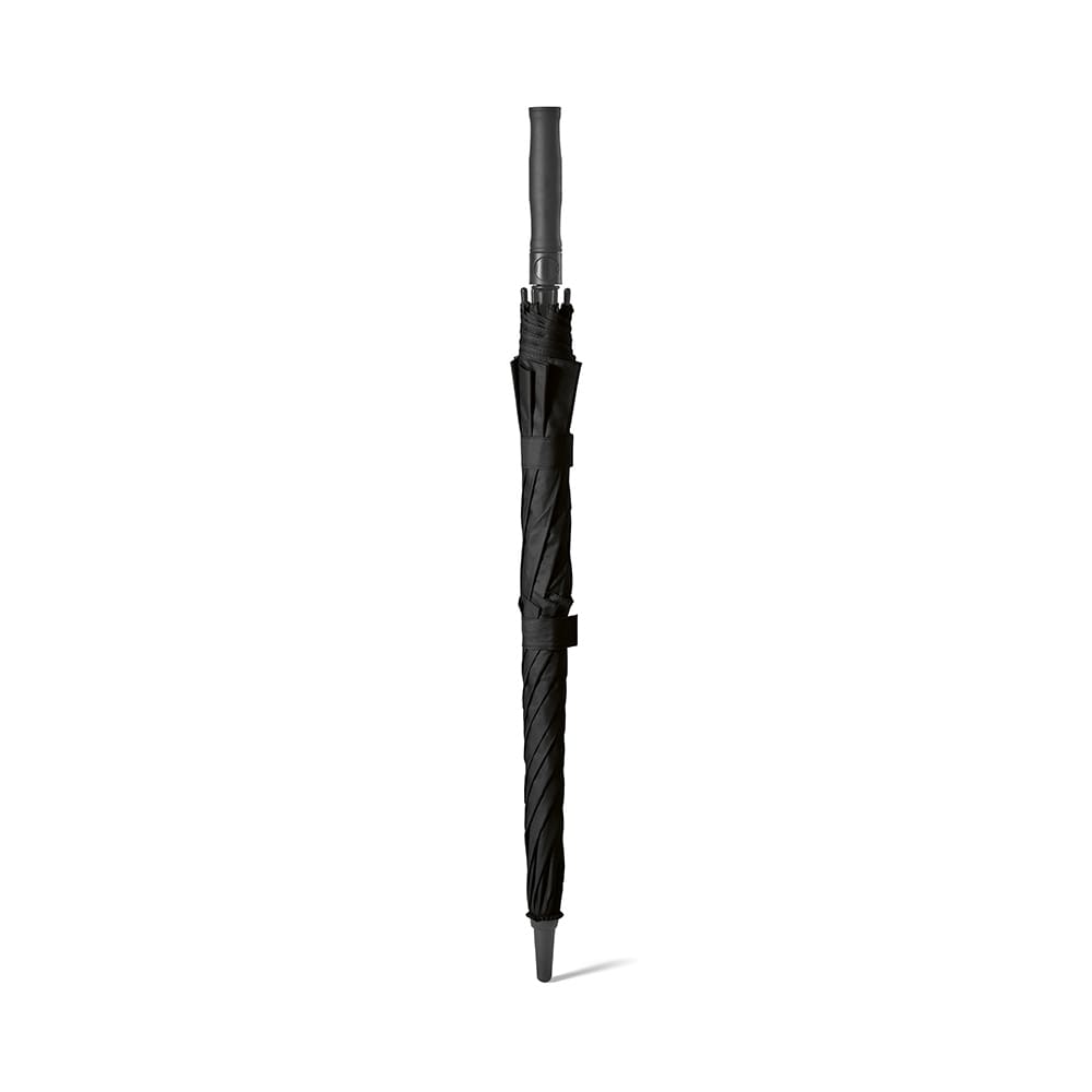 A black automatic umbrella with a storm-proof design and a slim, compact shape. It features a branding logo.