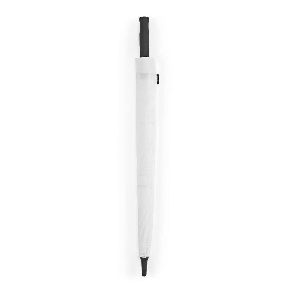 A white umbrella with a black handle, featuring a logo, in a closed position.