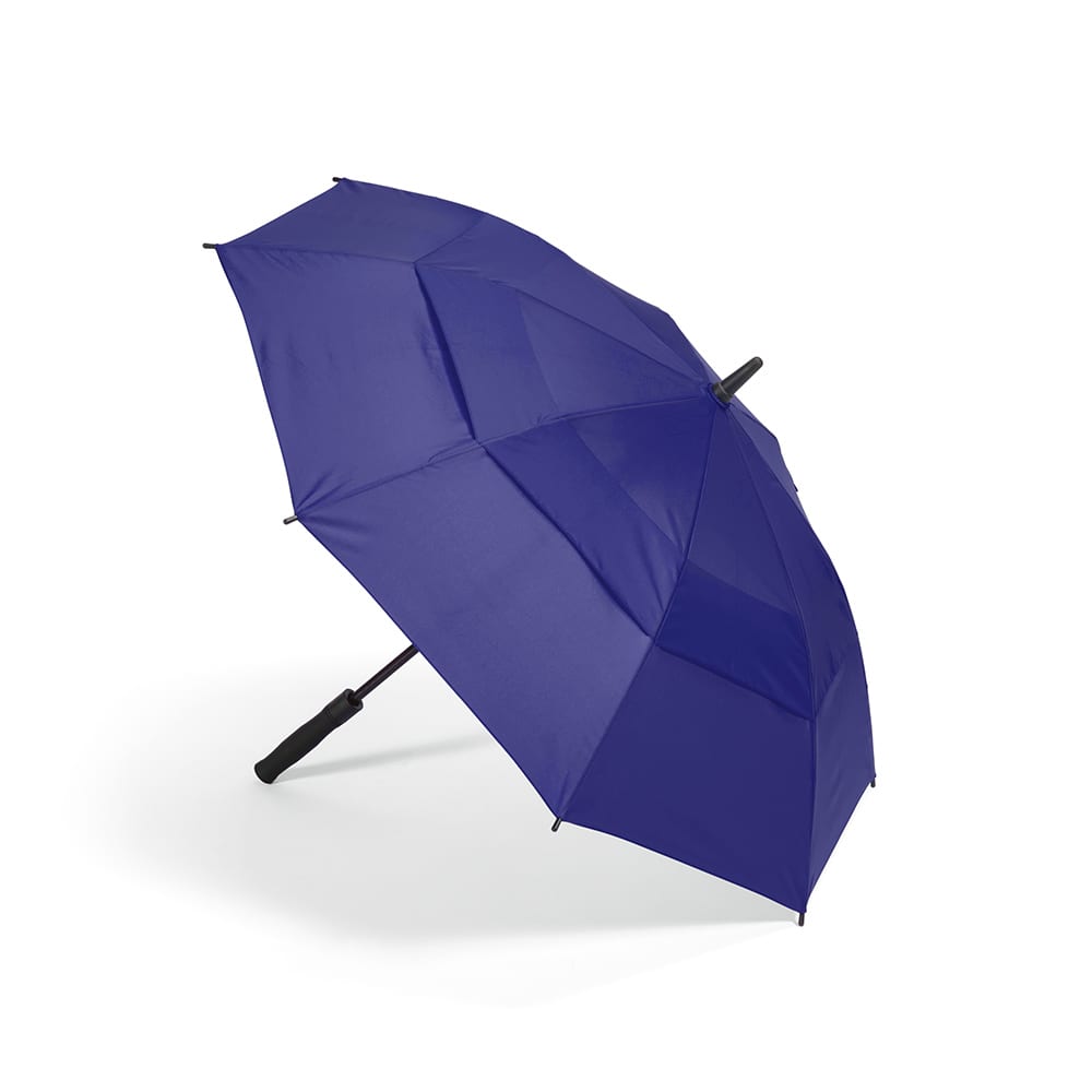 A purple, storm-proof umbrella with an automatic opening mechanism and a handle, featuring a logo.
