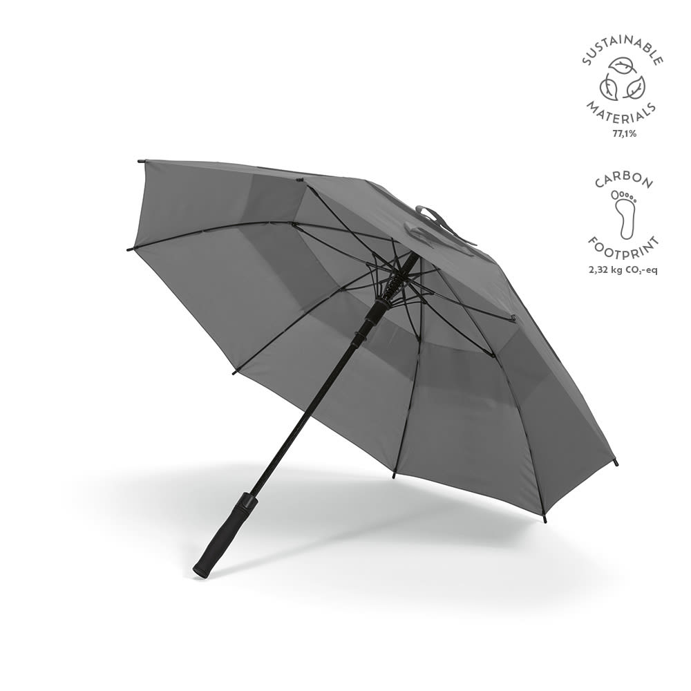 A storm-proof automatic umbrella in grey, featuring a logo and made from sustainable materials.