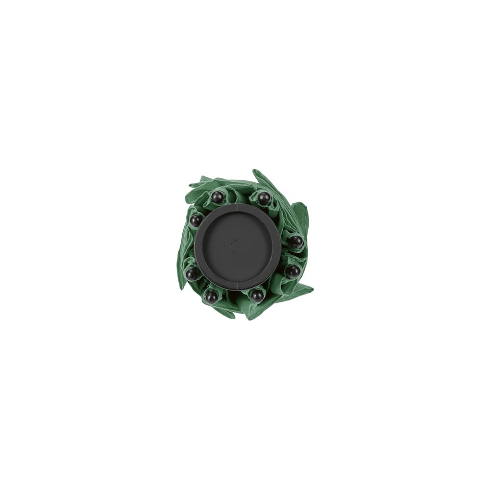 A green umbrella with a rounded top and black accents, featuring a compact, storm-proof design.