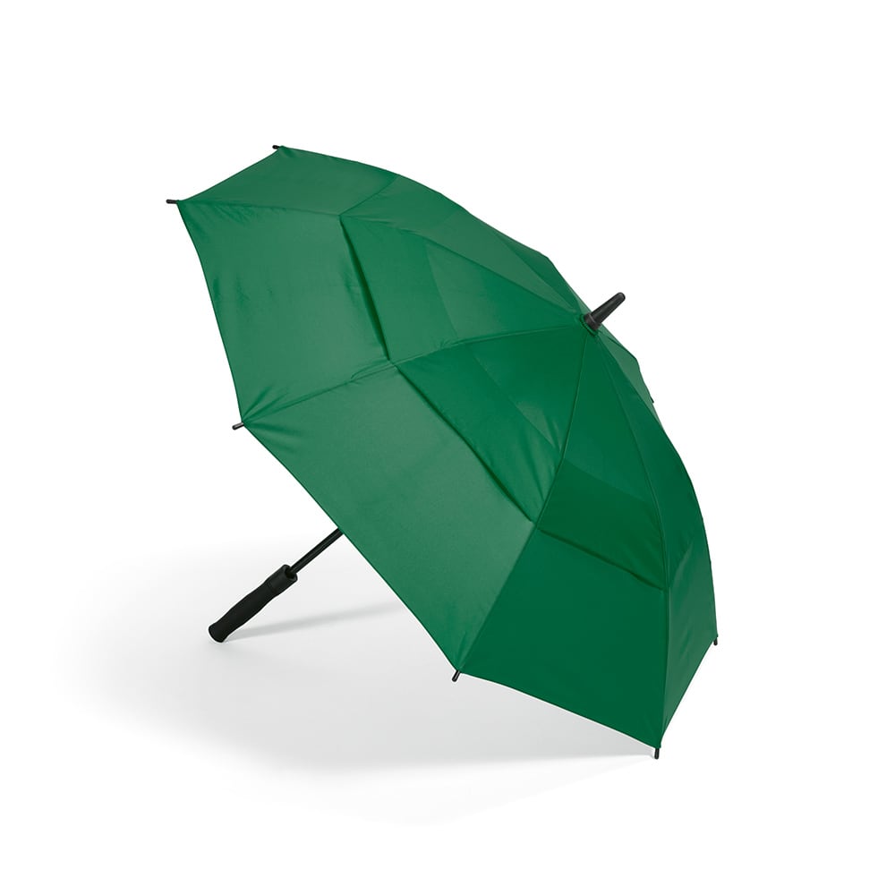 A green storm-proof umbrella with automatic opening feature, designed for durability and ease of use. It has a logo.