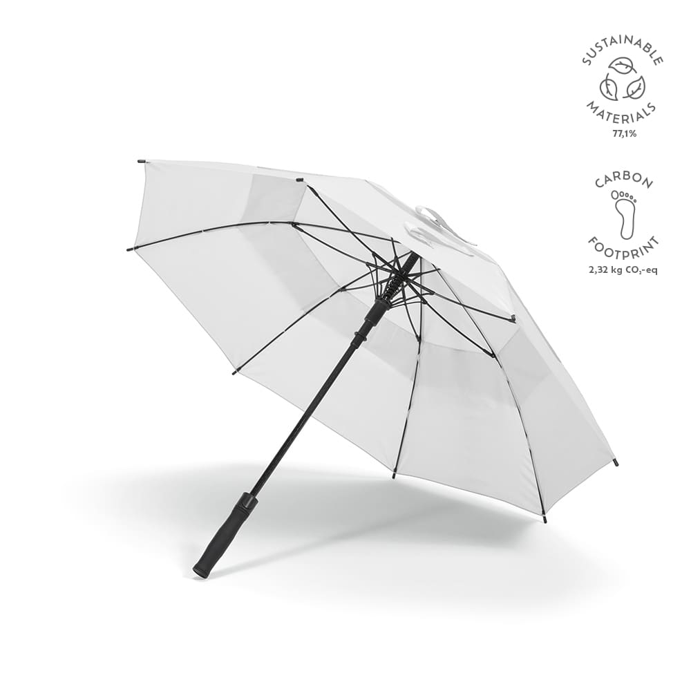 A white storm-proof umbrella with a black handle and ribbing, featuring a logo and made from sustainable materials.