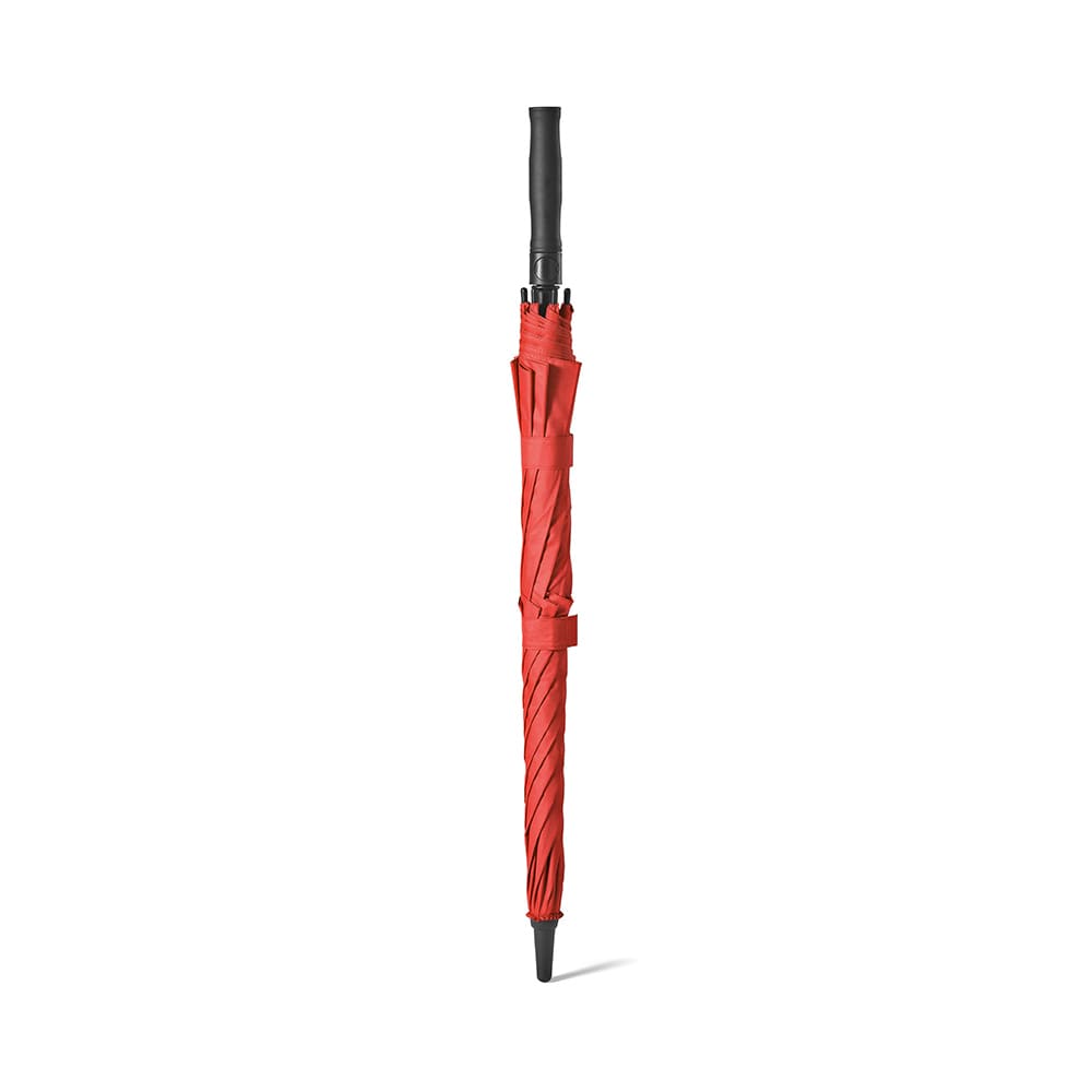 A red storm-proof umbrella with automatic opening, featuring a black handle and a securing strap.