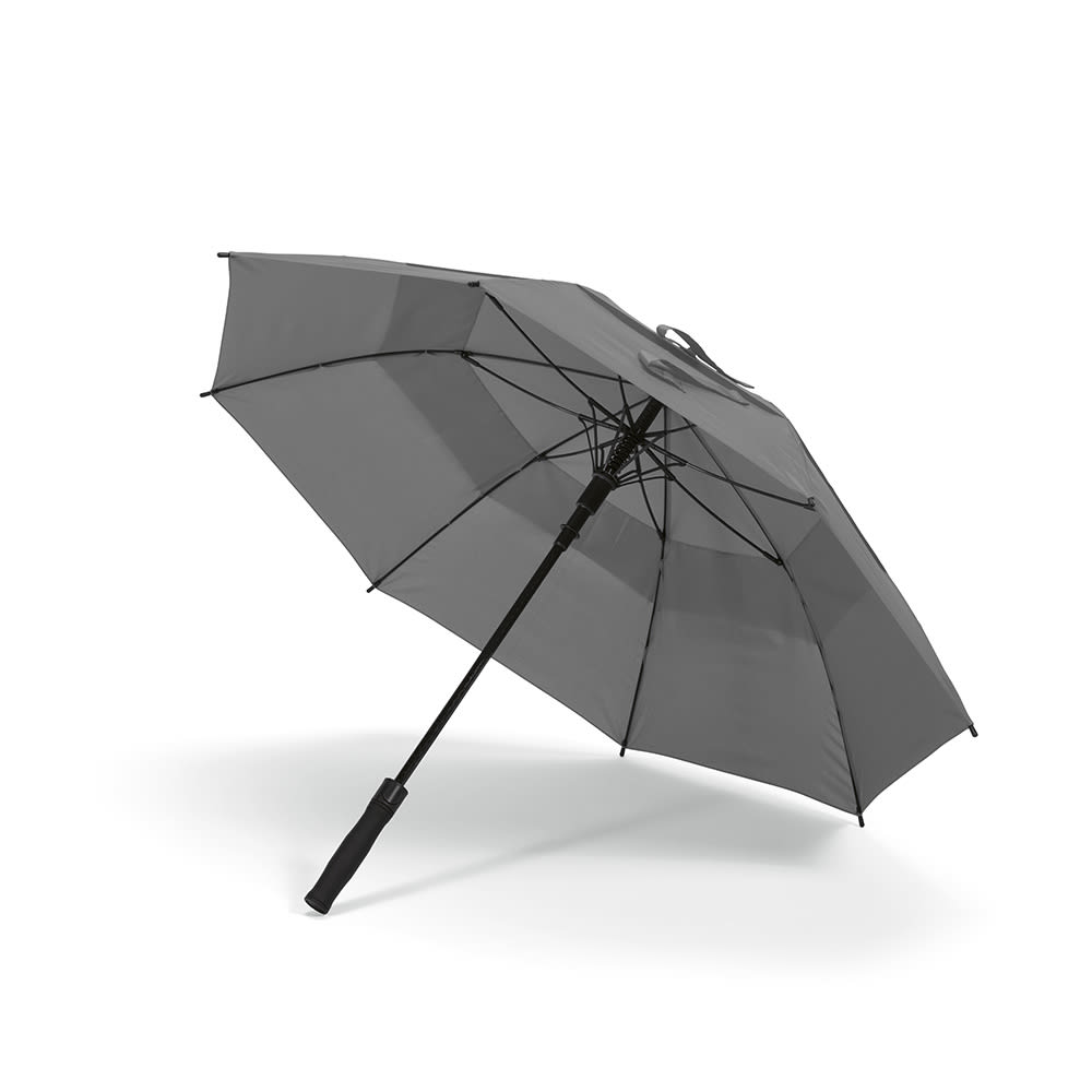 A grey umbrella with an automatic opening feature, featuring a black handle and a sturdy frame.