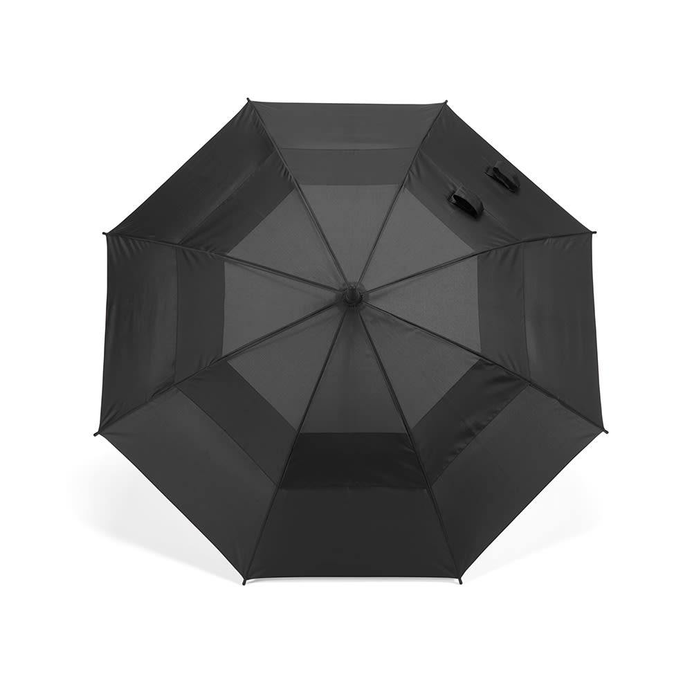 A black storm-proof umbrella with automatic opening features, showcasing an octagonal design and two handles.