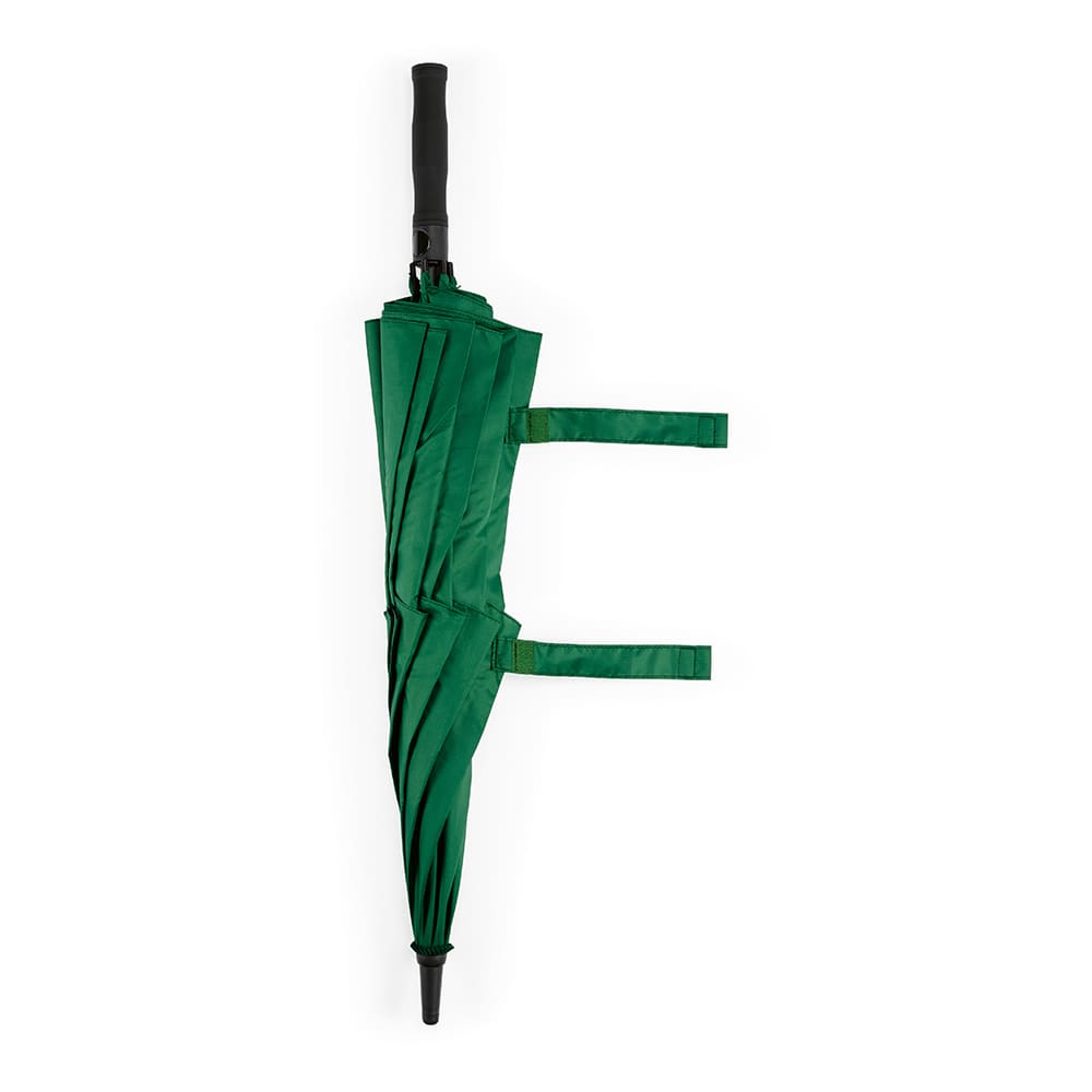 A green storm-proof umbrella with an automatic opening mechanism and a black handle, featuring a logo.
