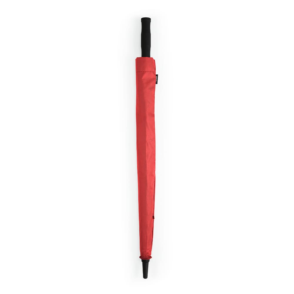 A red umbrella with a black handle, featuring an automatic opening mechanism and a storm-proof design.