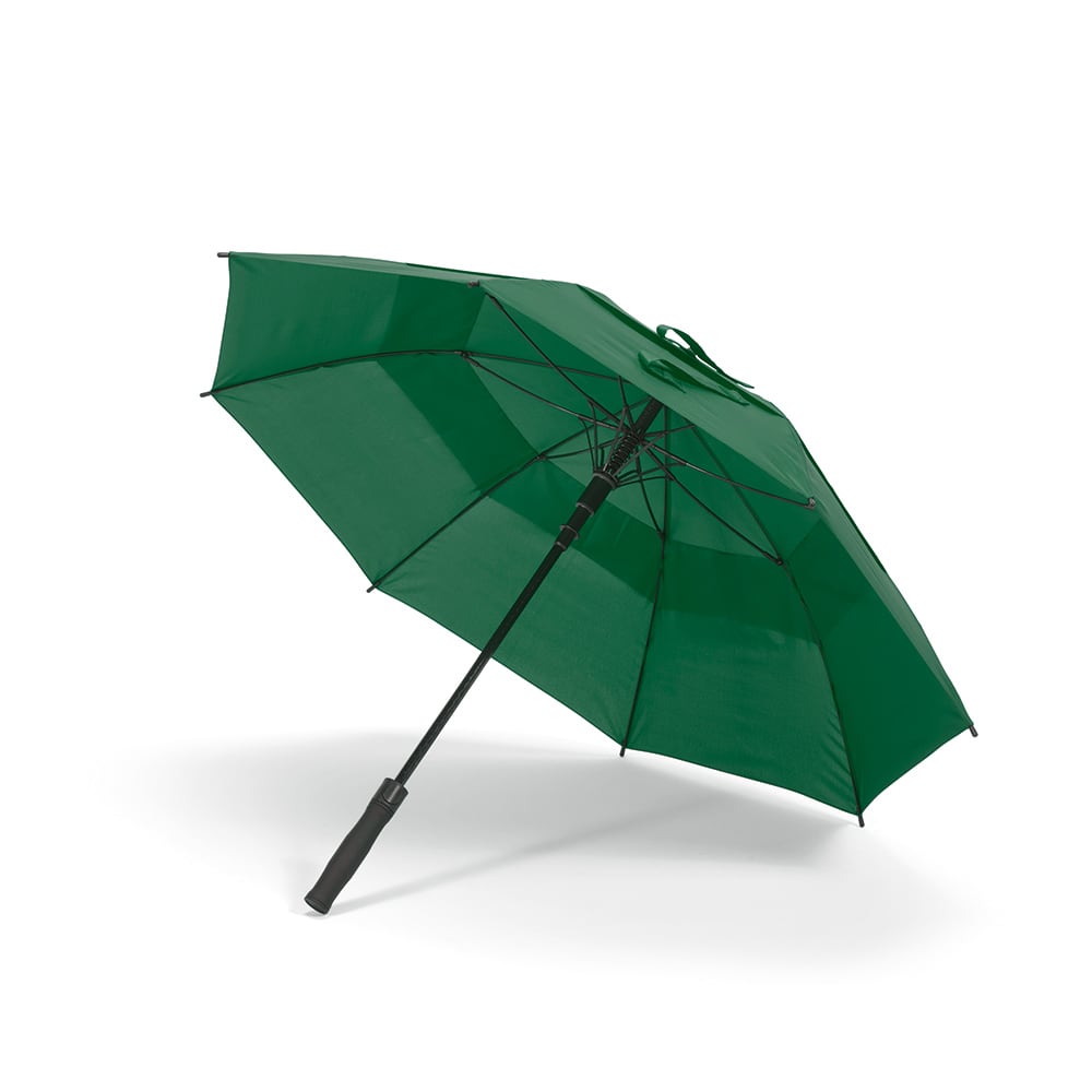 A green storm-proof umbrella with automatic opening and a black handle, featuring a logo.