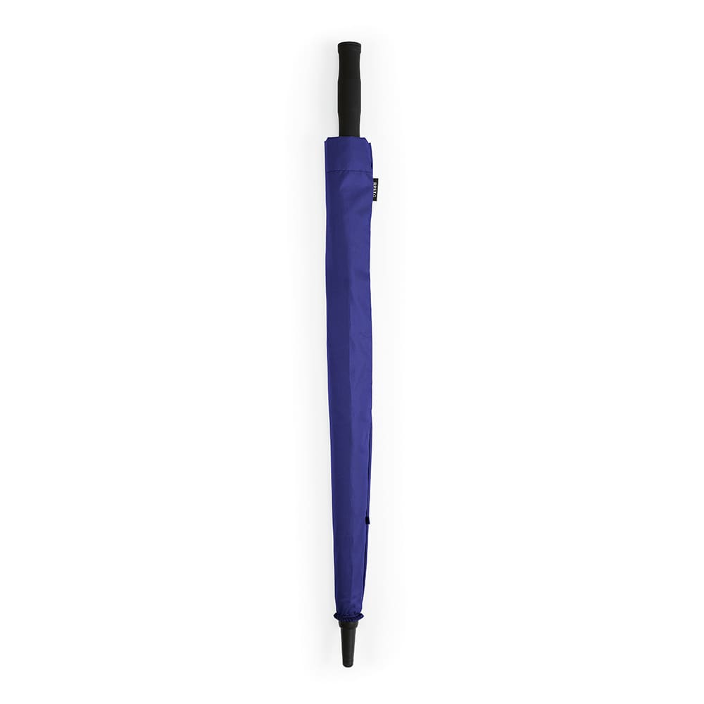 A purple storm-proof umbrella with a black handle, featuring a protective sleeve. It has an automatic opening mechanism.