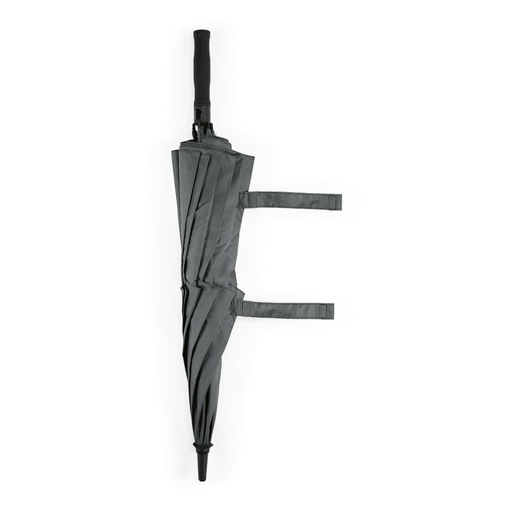 A black automatic opening umbrella with a storm-proof design and a handle, featuring a logo.