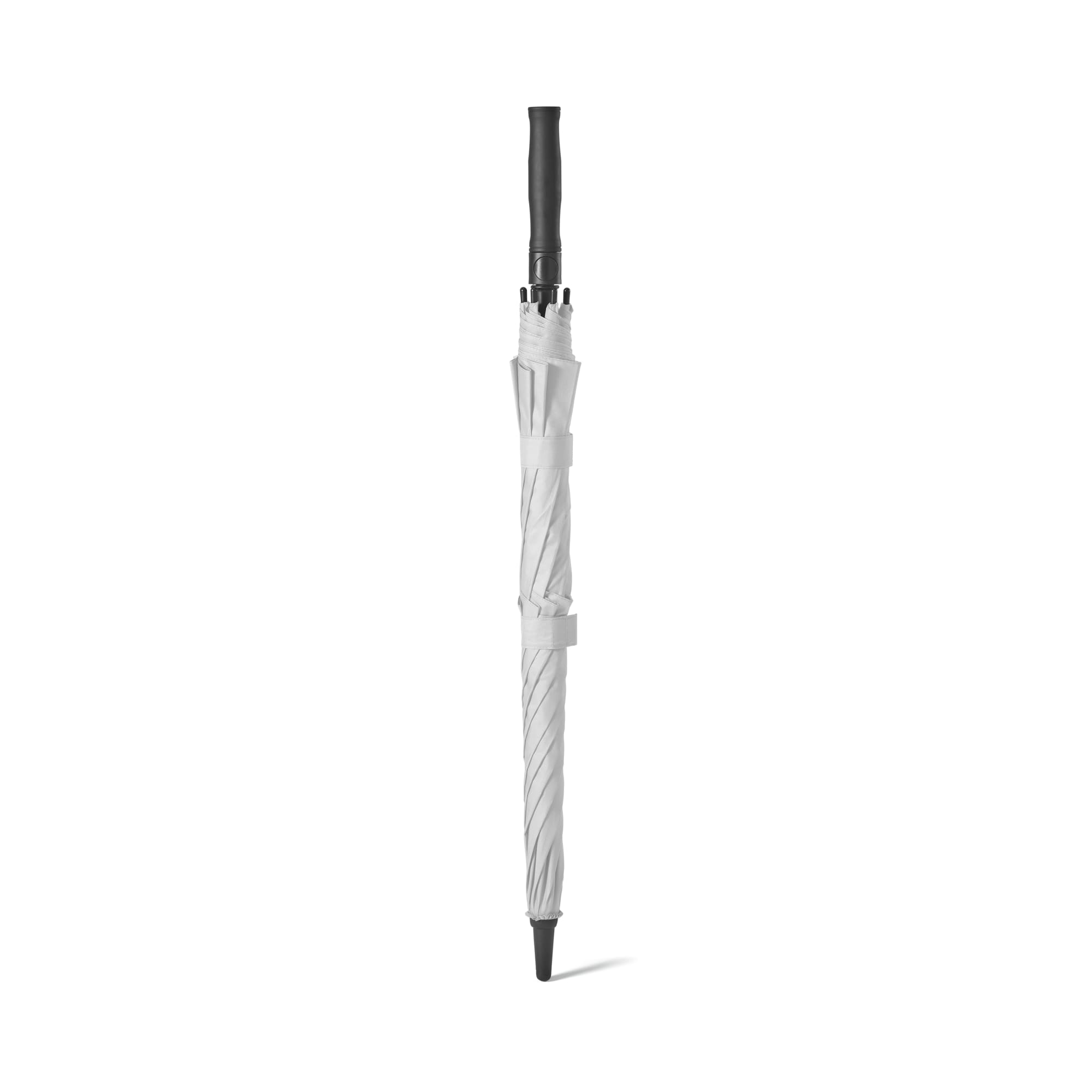 A white automatic opening umbrella with a black handle and a storm-proof design, featuring a logo.