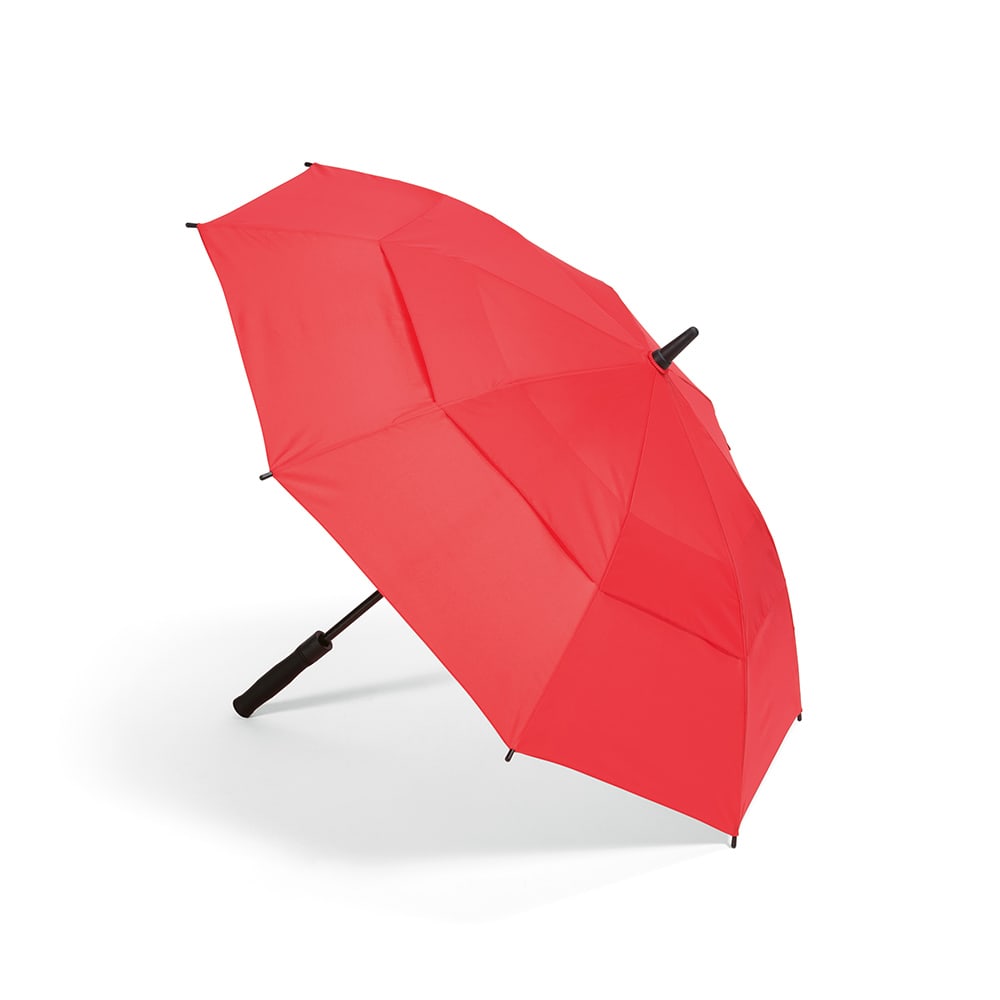 A red, storm-proof umbrella with an automatic opening feature and a black handle. It has a branding logo.