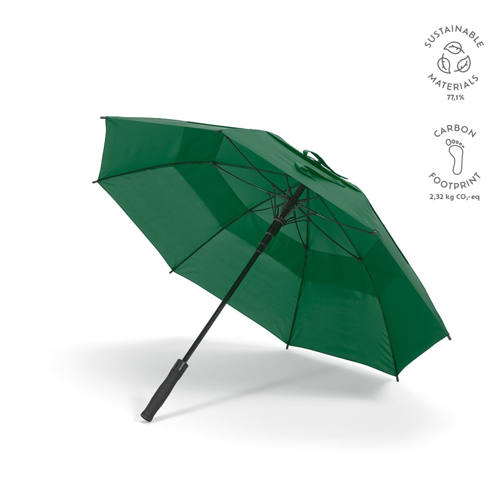 A green storm-proof umbrella with automatic opening features and a logo. Made from sustainable materials.